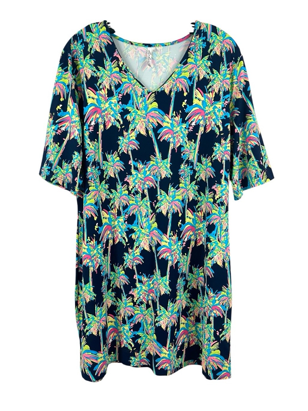 Lulu B Neon Tropical Palm Tree Short Sleeve V-neck Shift Dress UPF 50+ Cooling